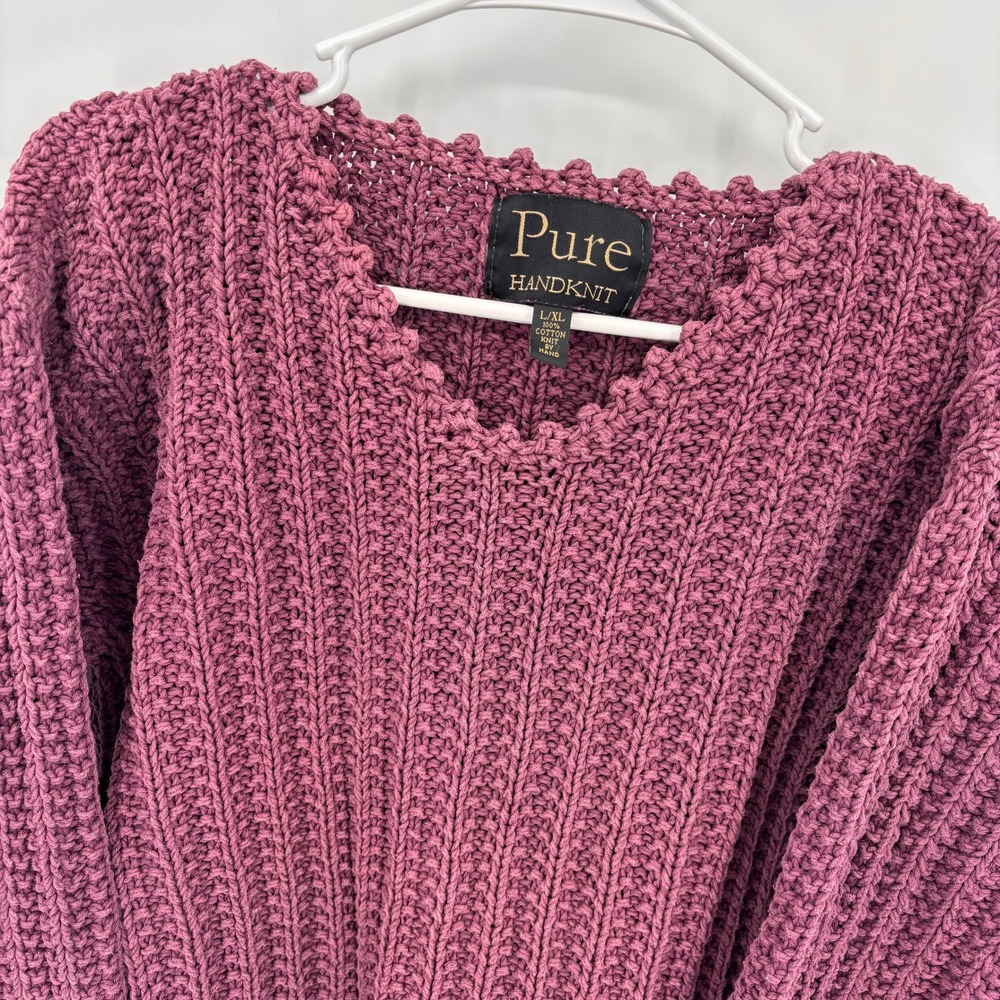 Pure Handknit Sweater Women L/XL Mauve Excellent Scalloped V-Neck Cotton Ribbed